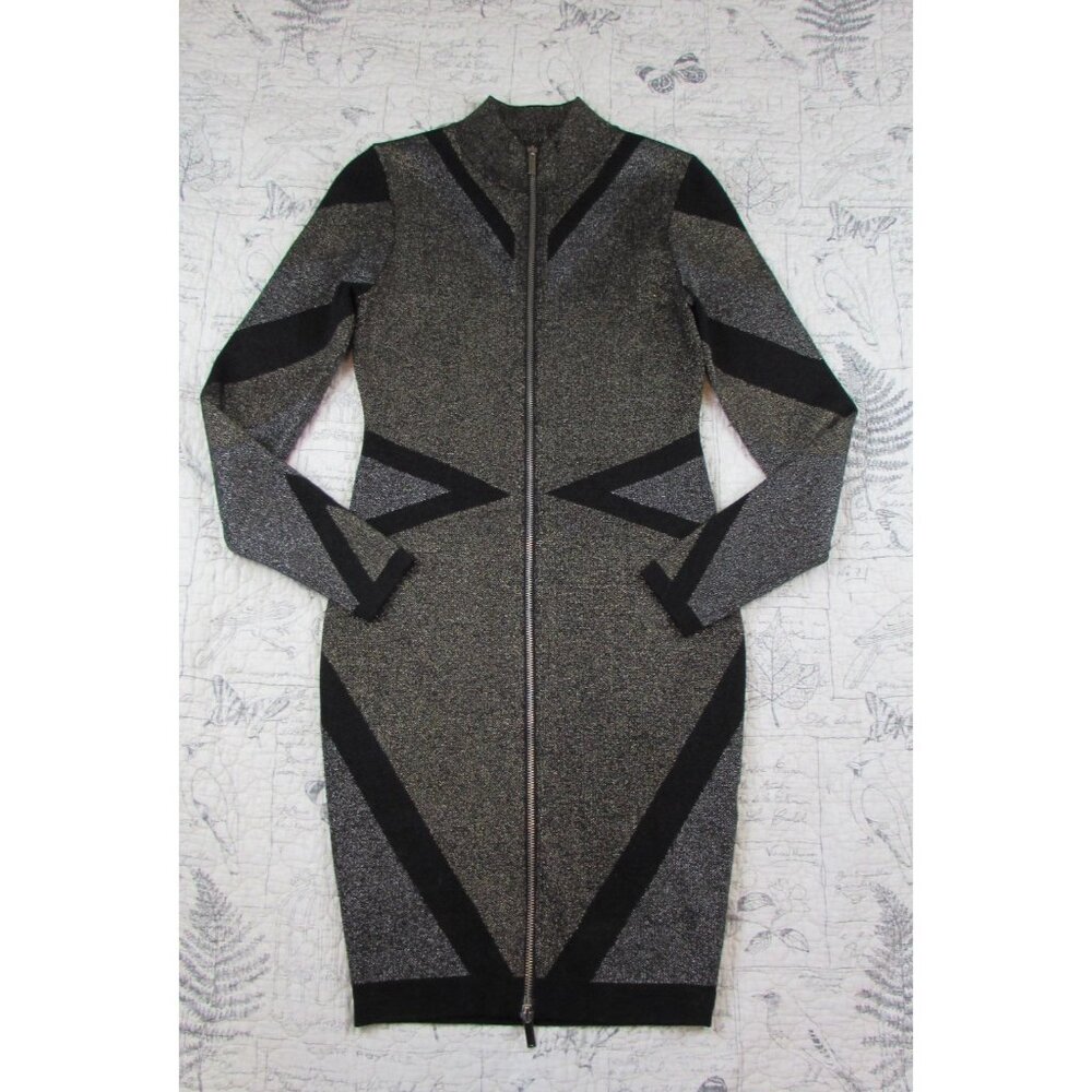 Karen Millen Metallic Bandage Knit Bodycon Dress Front Zip Gold Black UK S 4-6 - Picture 2 of 16